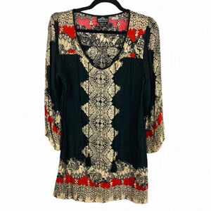 ANGIE Black Cream Tassel Rayon Long Sleeve Tunic Blouse Small